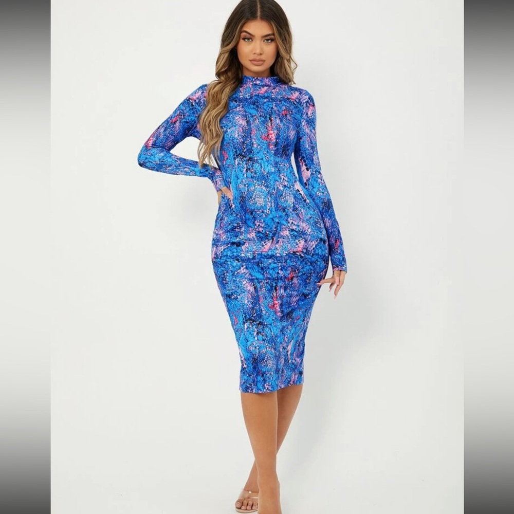 Long sleeve women blue pink xs brand new shein dress slit in back